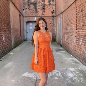 Bongo Orange Floral Lace Fit & Flare Skater Mini Dress Sleeveless A-Line Size L